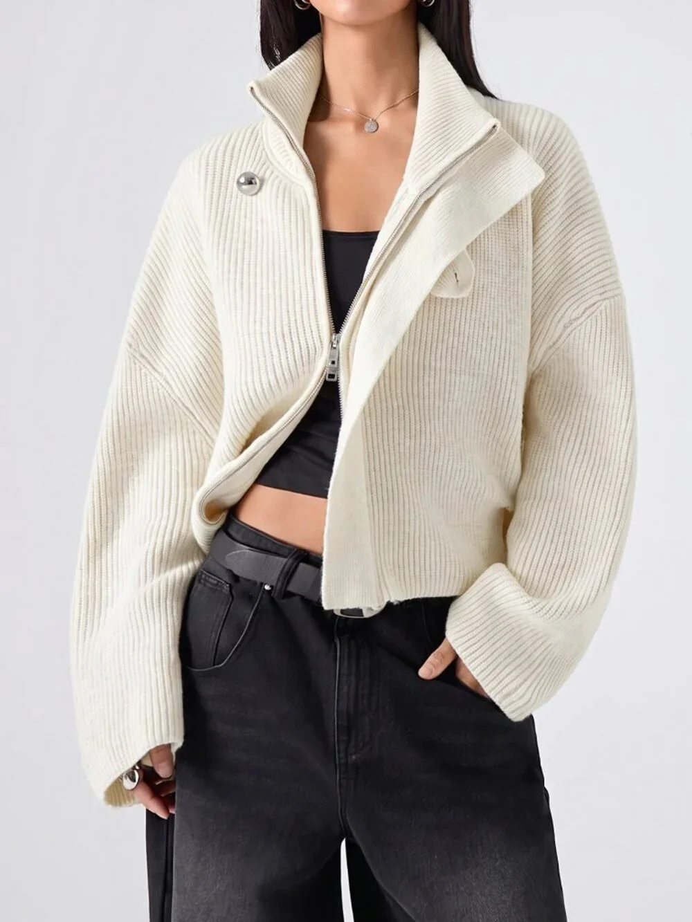 White Casual Women's High Neck Drop Shoulder Belted Cardigan